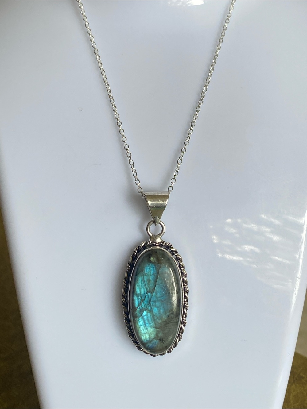 Labradorite Oval Pendant Necklace in Blue-Green - Sterling-Style Setting